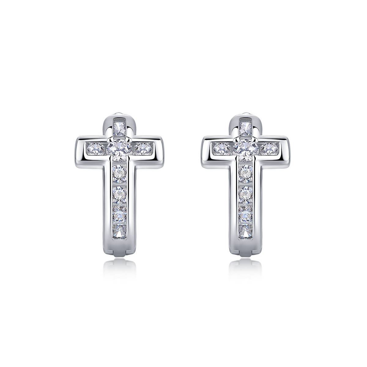 ME2036款S925银镀18K金圆形莫桑钻十字架耳环0.3ct