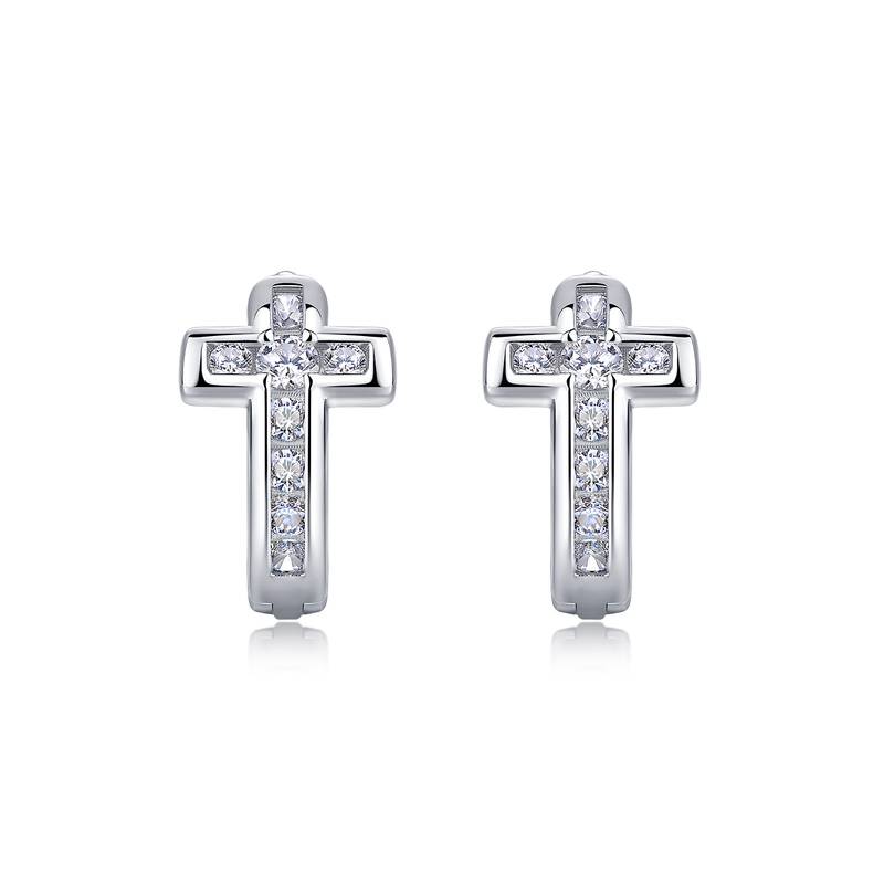 ME2036款S925银镀18K金圆形莫桑钻十字架耳环0.3ct