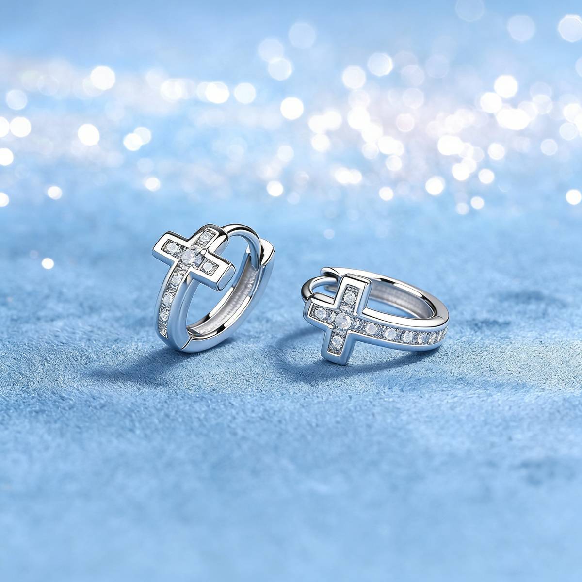 ME2036款S925银镀18K金圆形莫桑钻十字架耳环0.3ct