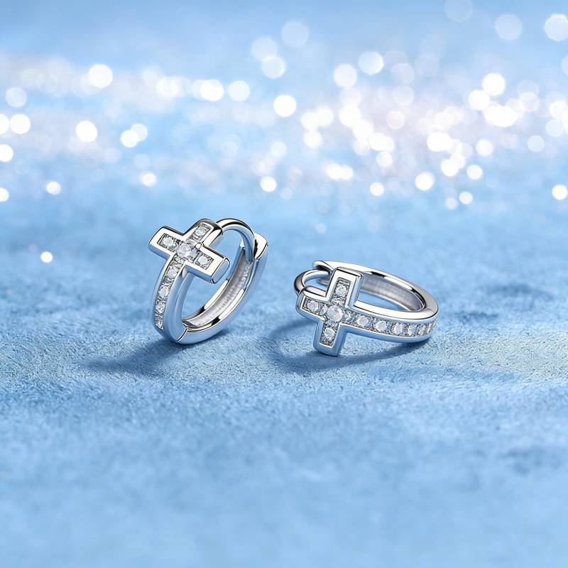 ME2036款S925银镀18K金圆形莫桑钻十字架耳环0.3ct