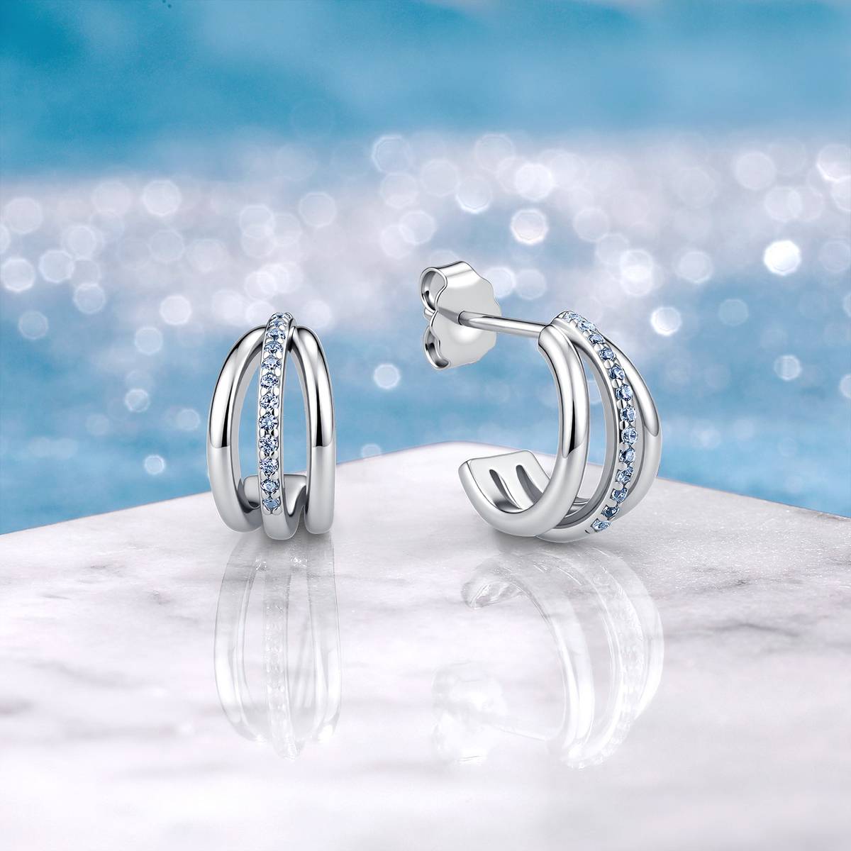 ME2808款S925银镀18K金圆形Moissanite双环镂空C形Stud Earring0.13ct