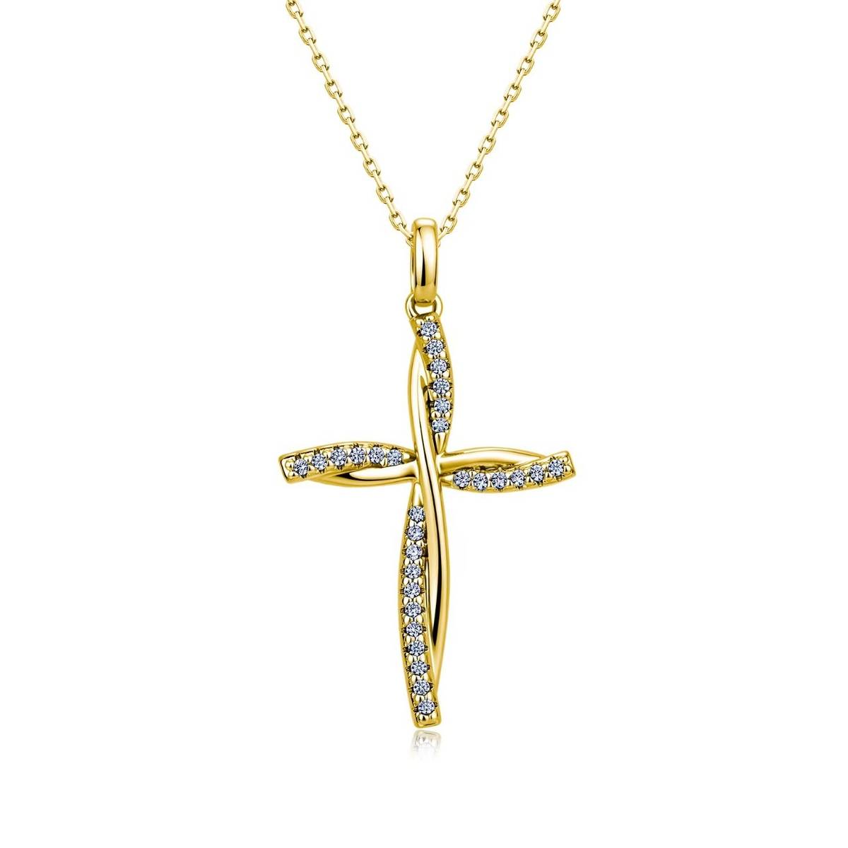 MP1194款S925银镀18K金Moissanite扭纹十字架Necklace0.17ct