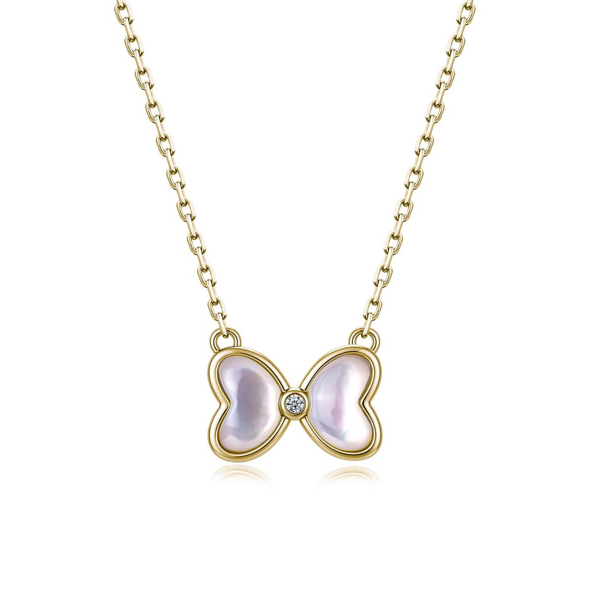 MP2491款S925银镀18K金Moissanite白贝母可爱蝴蝶结Necklace0.015ct