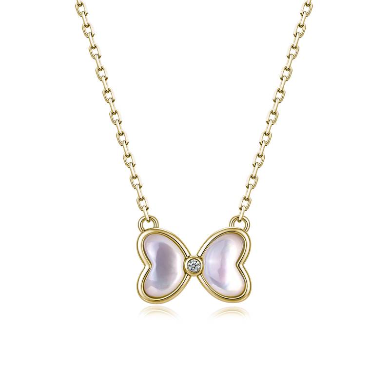 MP2491款S925银镀18K金Moissanite白贝母可爱蝴蝶结Necklace0.015ct