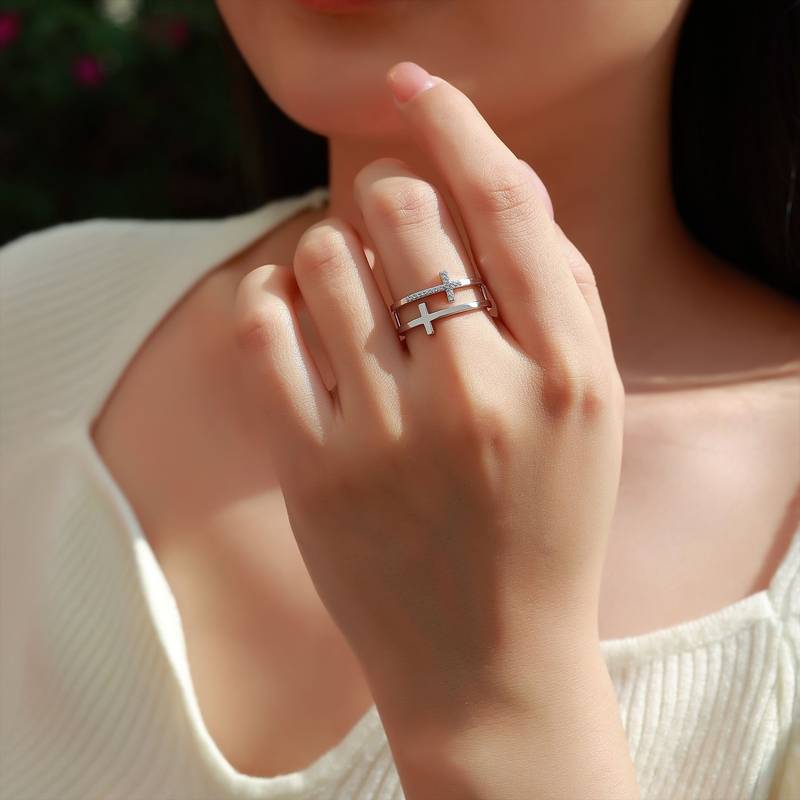 MR235152款S925银镀18K金Moissanite双十字FashionRing0.08ct