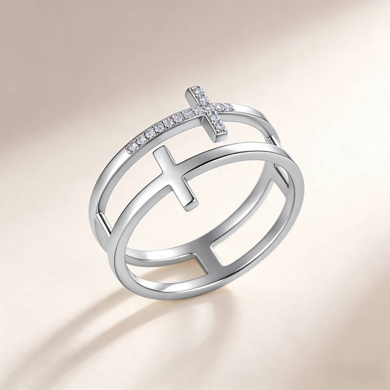 MR235152款S925银镀18K金Moissanite双十字FashionRing0.08ct