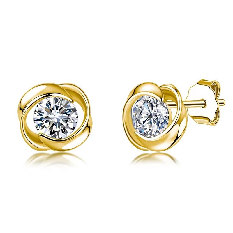 MT0095-S款S925银镀18K金圆形莫桑钻旋风耳钉0.5ct*2