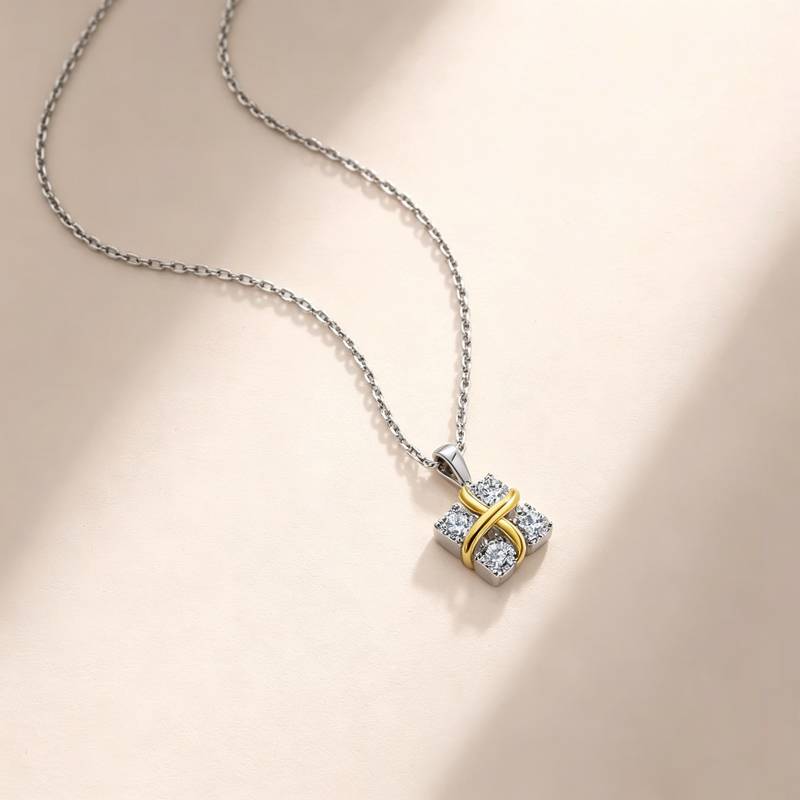 MT1453-P款S925银镀双色18K金圆形莫桑钻X款项链0.4ct