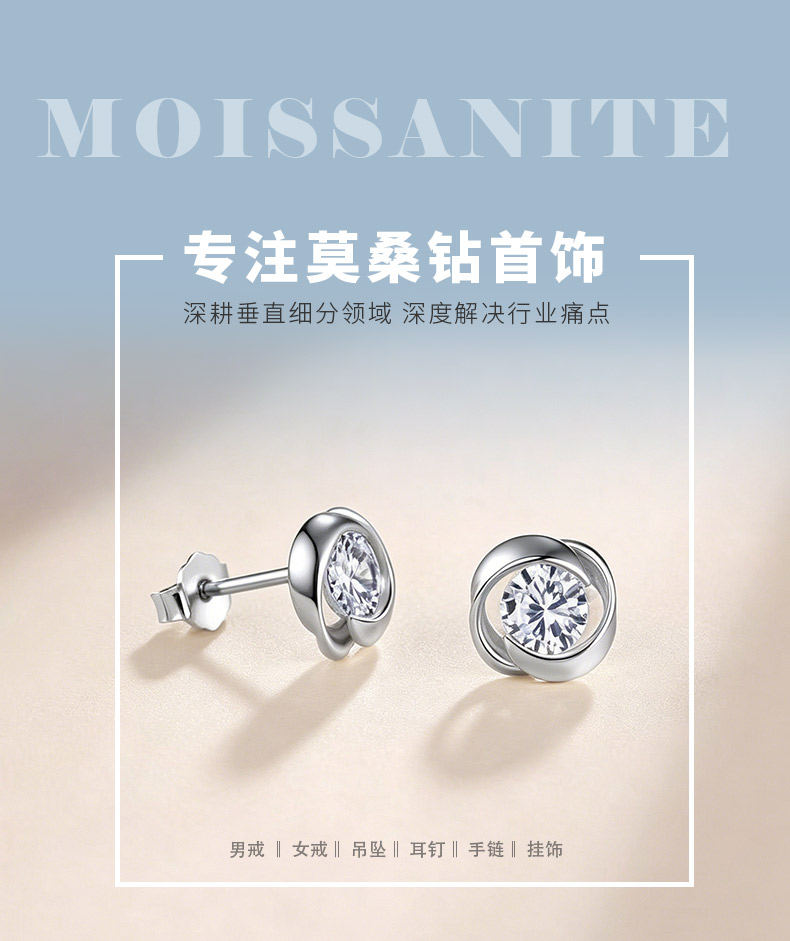 MT0095-S款S925银镀18K金圆形莫桑钻旋风耳钉0.5ct*2 - 1