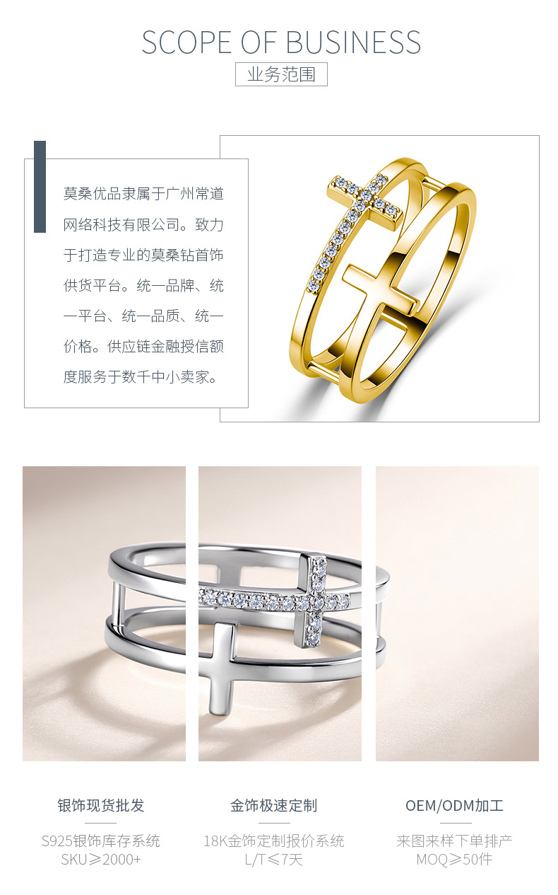 MR235152款S925银镀18K金莫桑钻双十字时尚戒指0.08ct - 3