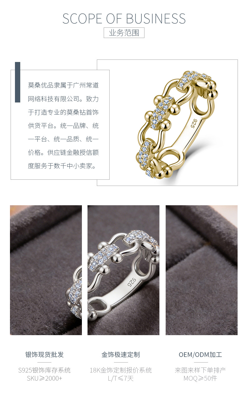 MR2868款S925银镀18K金圆形莫桑钻链扣戒指0.2ct - 3