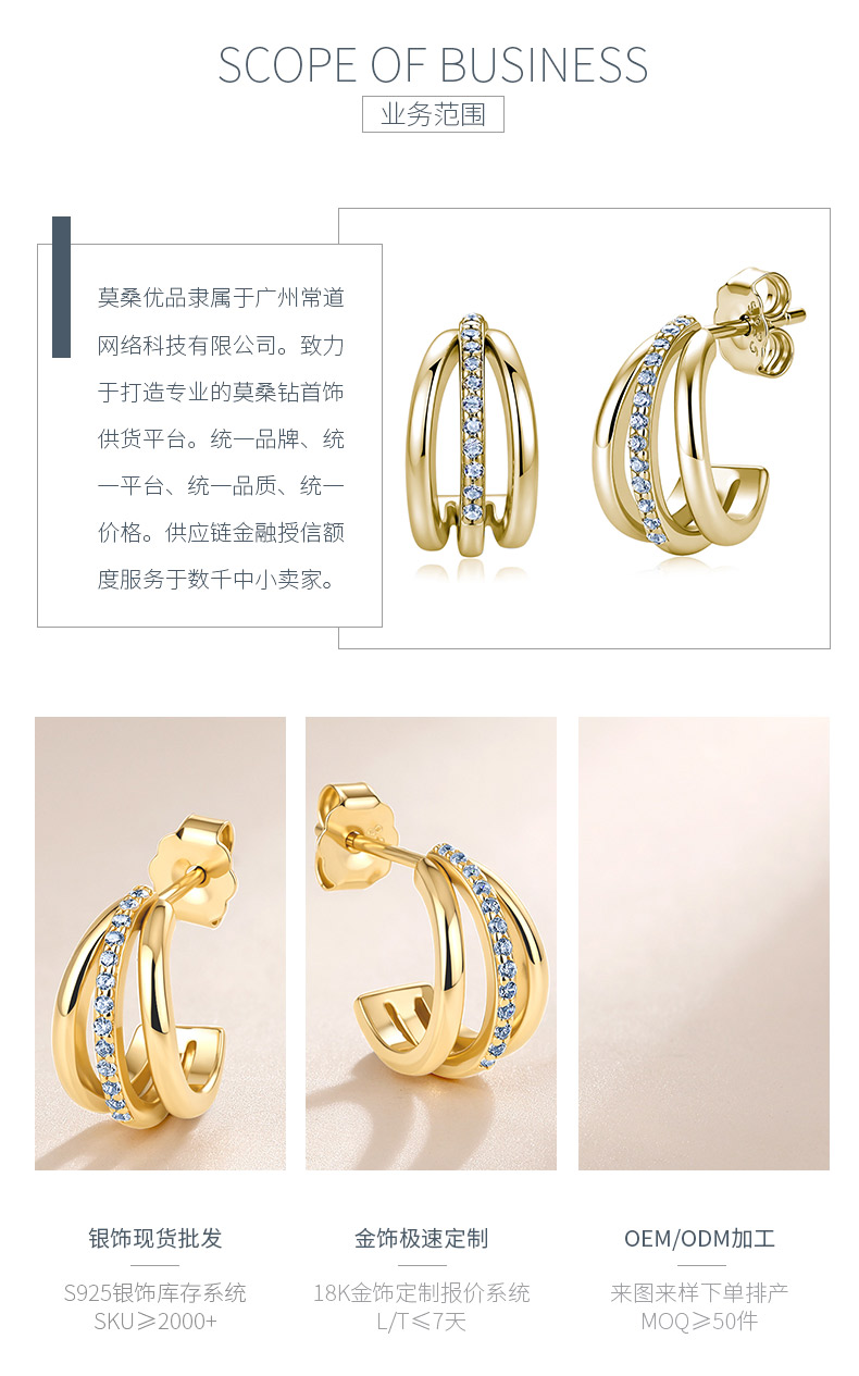 ME2808款S925银镀18K金圆形莫桑钻双环镂空C形耳钉0.13ct - 3