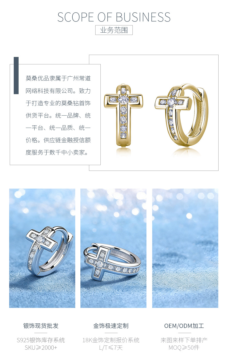 ME2036款S925银镀18K金圆形莫桑钻十字架耳环0.3ct - 3