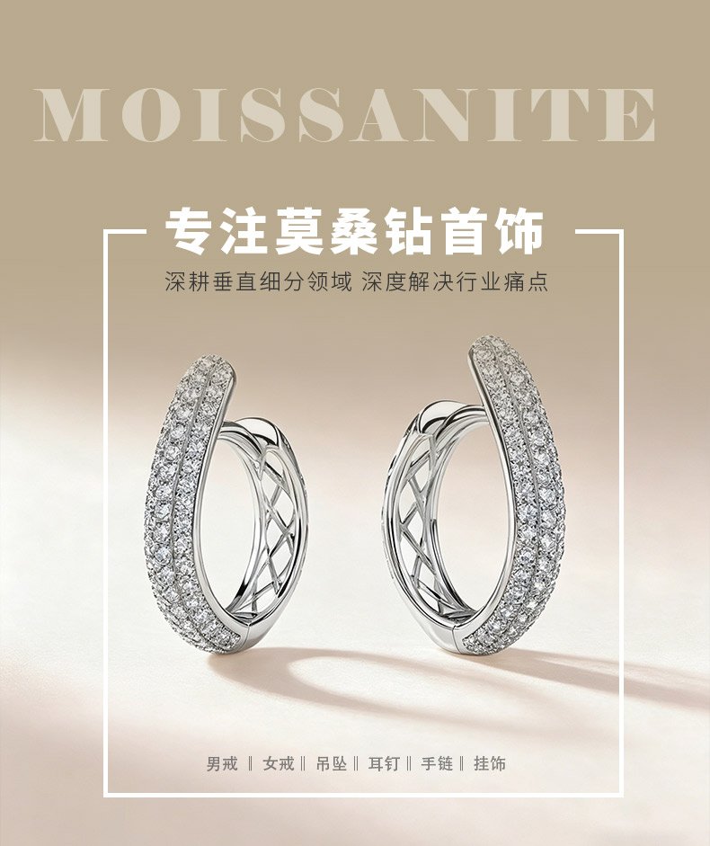 ME0027款S925银镀18K金三排圆形莫桑钻U形耳环扣耳环0.6ct - 1