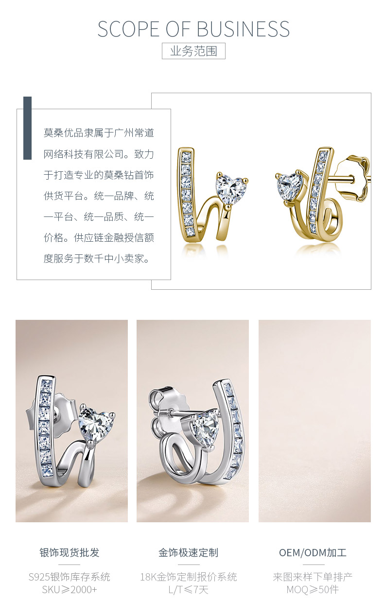 E23761款S925银镀18K金心形莫桑钻时尚耳钉1.2ct - 3