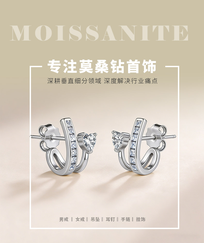 E23761款S925银镀18K金心形莫桑钻时尚耳钉1.2ct - 1