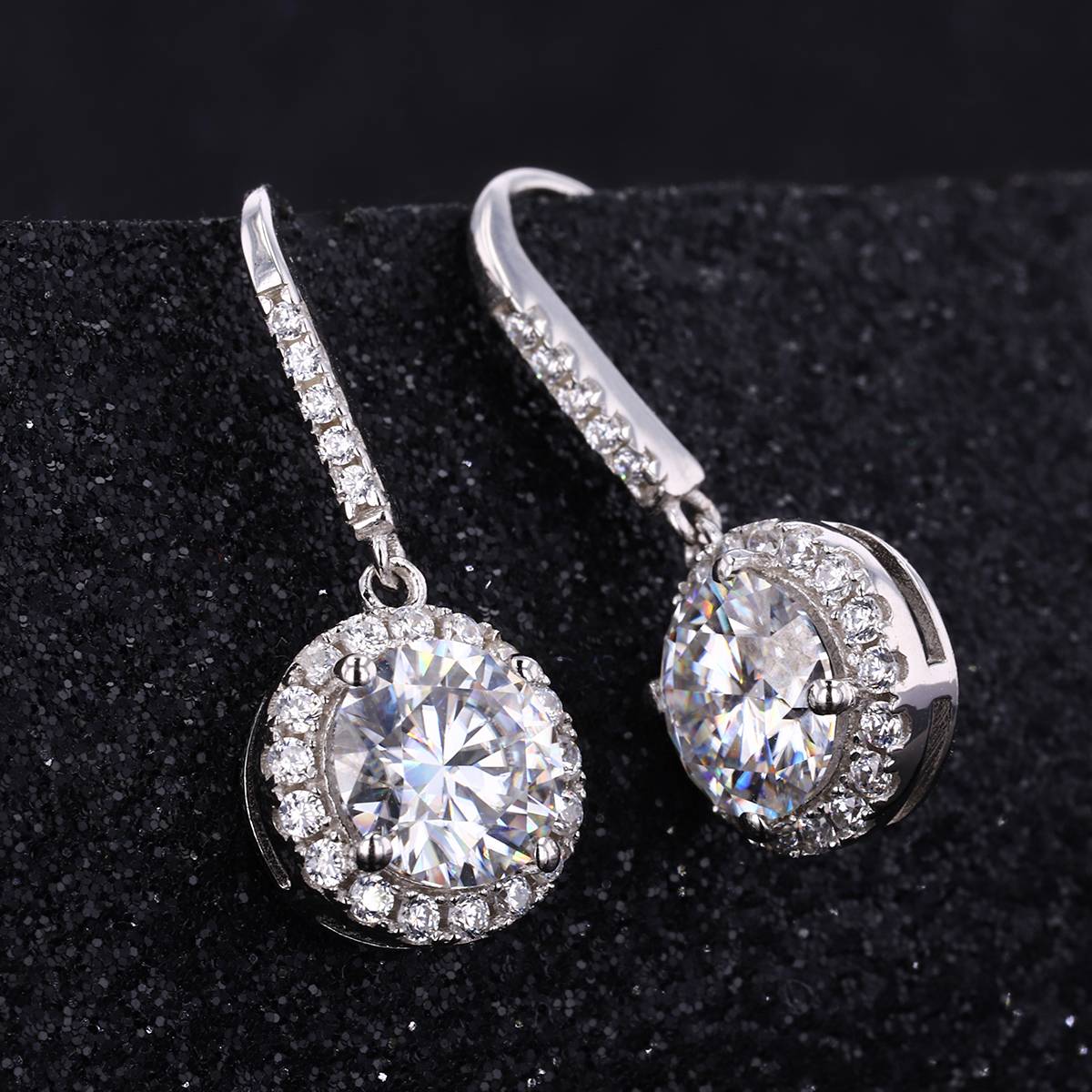 EM4007E星环绮梦款S925银镀18K白金圆形莫桑钻耳勾耳环0.5ct*2/1.0ct*2