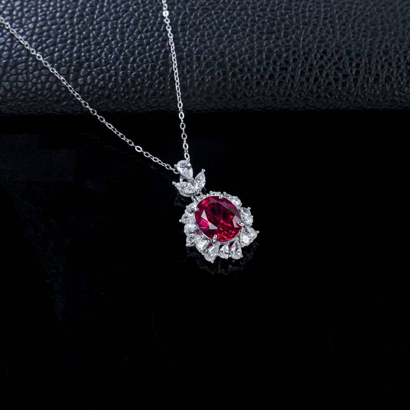 P1337款S925银镀18K白金蛋形培育彩宝宫廷LuxuryNecklace主石11*9mmmm/4.23ct