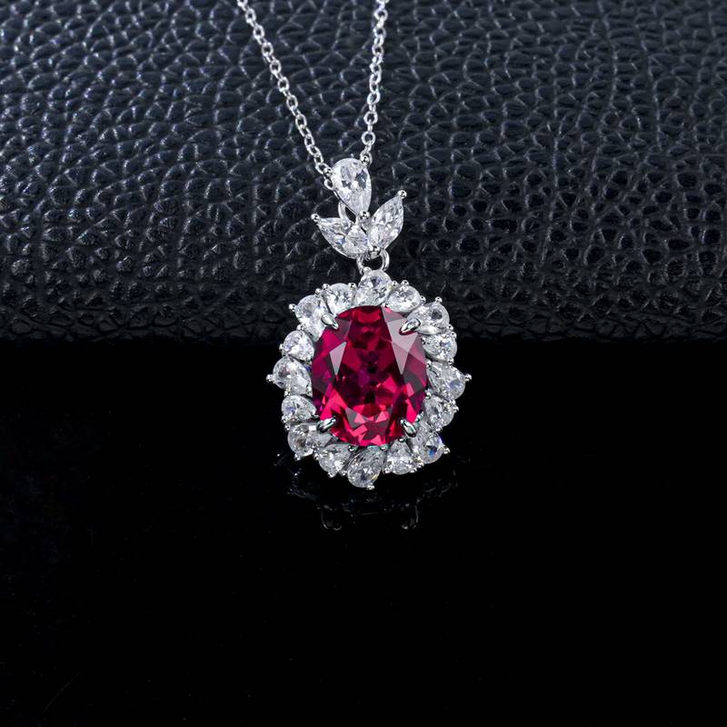 P1337款S925银镀18K白金蛋形培育彩宝宫廷LuxuryNecklace主石11*9mmmm/4.23ct