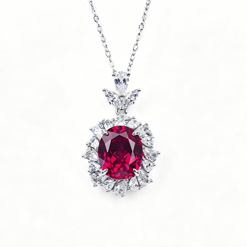 P1337款S925银镀18K白金蛋形培育彩宝宫廷LuxuryNecklace主石11*9mmmm/4.23ct