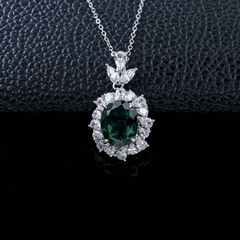P1337款S925银镀18K白金蛋形培育彩宝宫廷LuxuryNecklace主石11*9mmmm/4.23ct