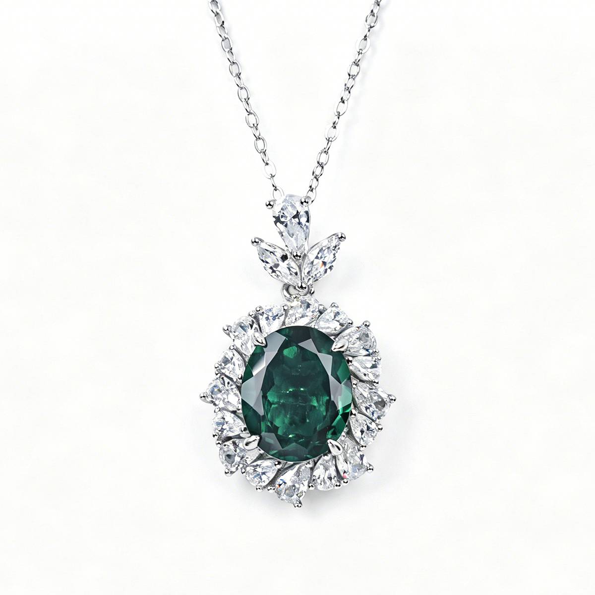 P1337款S925银镀18K白金蛋形培育彩宝宫廷LuxuryNecklace主石11*9mmmm/4.23ct