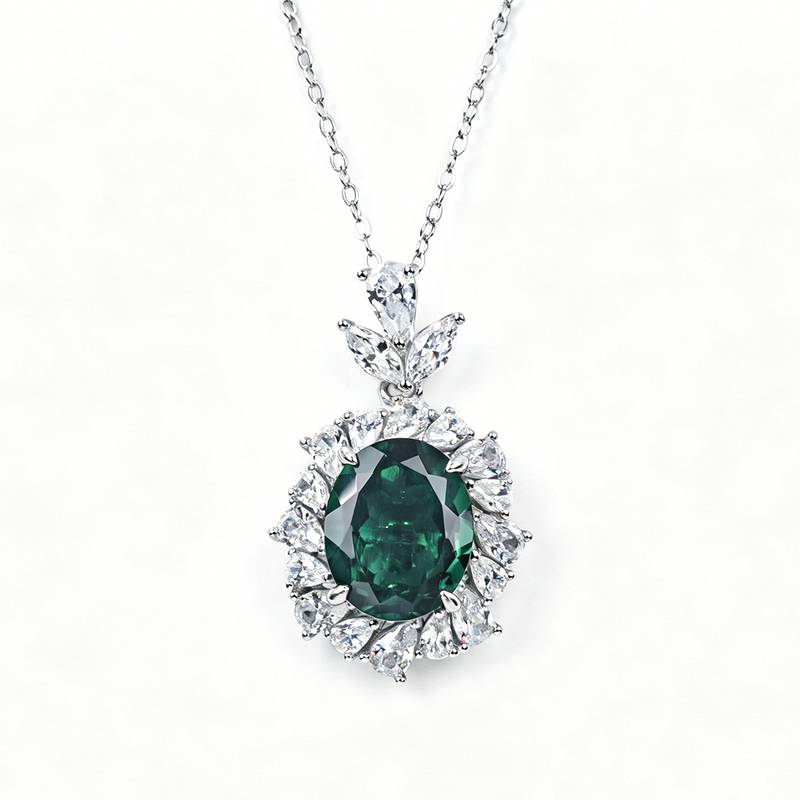 P1337款S925银镀18K白金蛋形培育彩宝宫廷LuxuryNecklace主石11*9mmmm/4.23ct