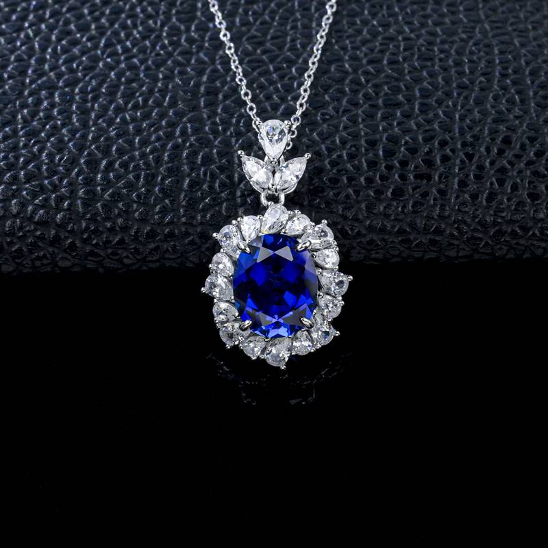 P1337款S925银镀18K白金蛋形培育彩宝宫廷LuxuryNecklace主石11*9mmmm/4.23ct