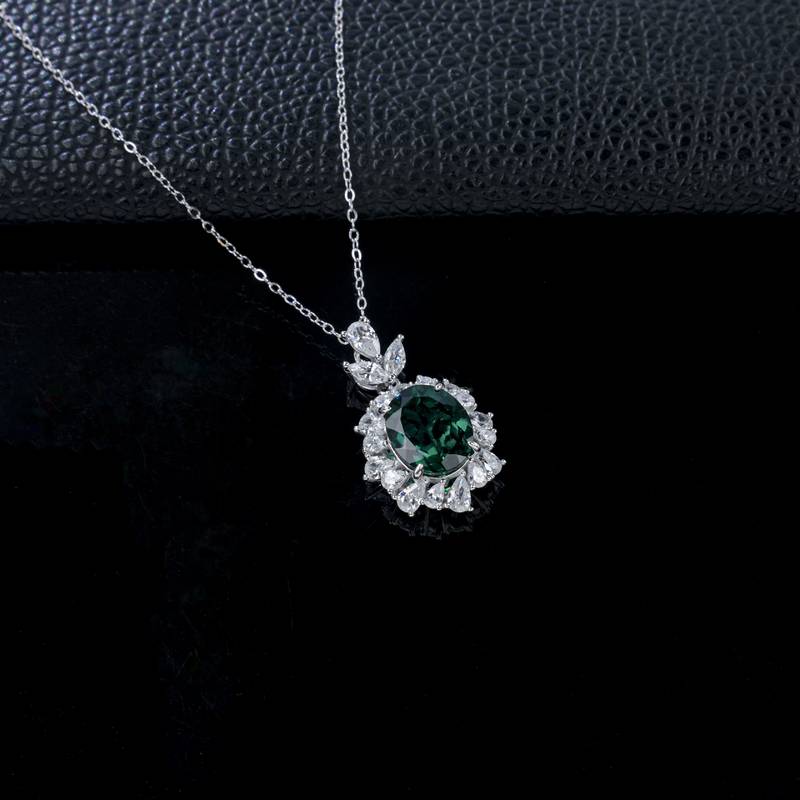 P1337款S925银镀18K白金蛋形培育彩宝宫廷LuxuryNecklace主石11*9mmmm/4.23ct