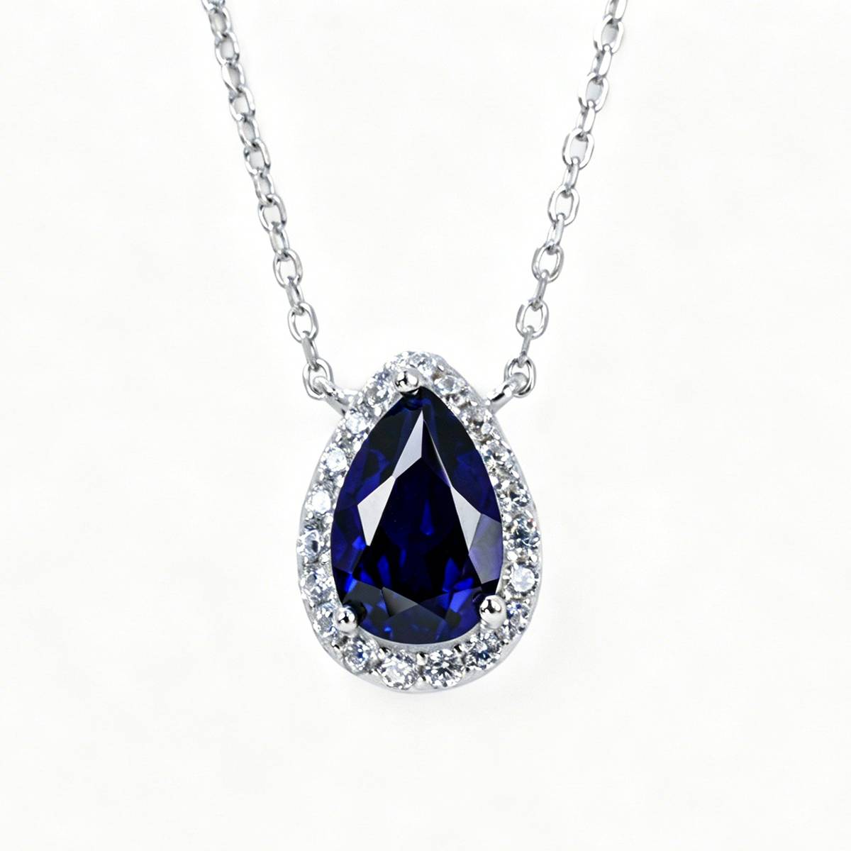 P1587款S925银镀18K白金梨形培育彩宝Necklace主石9*6mmmm/3.4ct