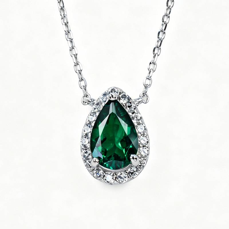 P1587款S925银镀18K白金梨形培育彩宝Necklace主石9*6mmmm/3.4ct