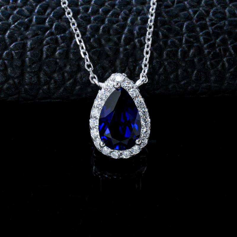 P1587款S925银镀18K白金梨形培育彩宝Necklace主石9*6mmmm/3.4ct