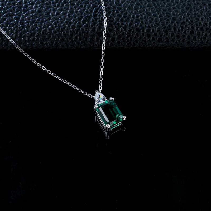 P0320款S925银镀18K白金祖母绿切割培育彩宝Necklace主石9*7mmmm/3.0ct