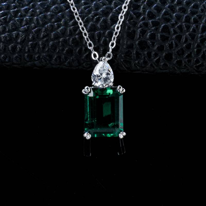 P0320款S925银镀18K白金祖母绿切割培育彩宝Necklace主石9*7mmmm/3.0ct