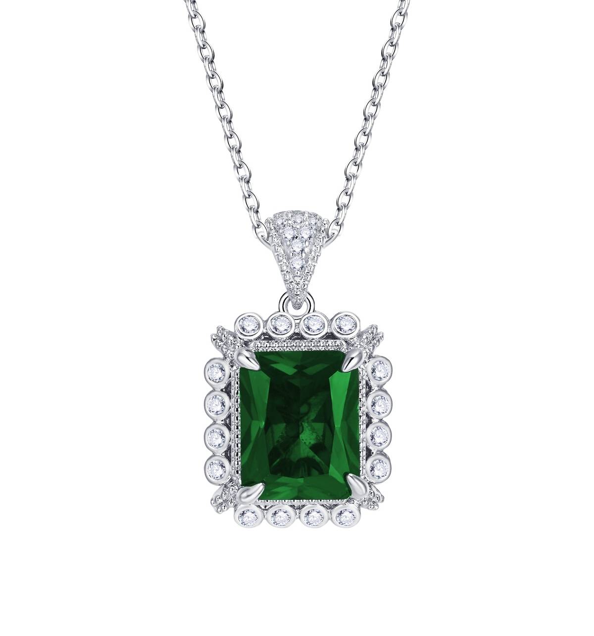P1629款S925银镀18K白金祖母绿切割培育彩宝Necklace主石10*8mmmm/3.91ct