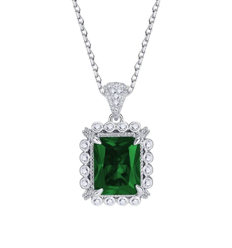 P1629款S925银镀18K白金祖母绿切割培育彩宝项链主石10*8mm/3.91ct