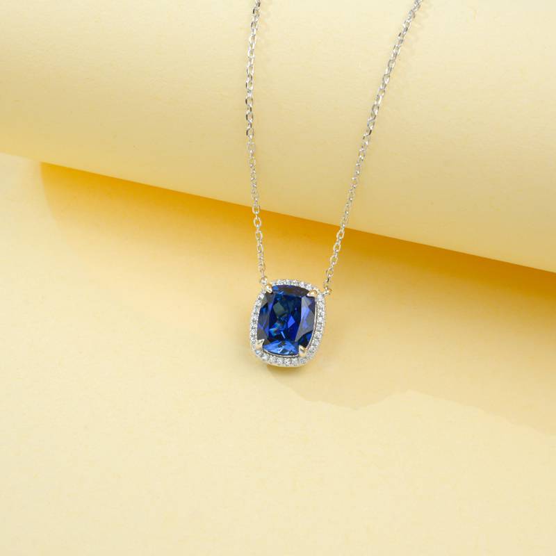 P0893款S925银镀18K白金长方枕形培育彩宝项链主石10*8mm/3.5CT