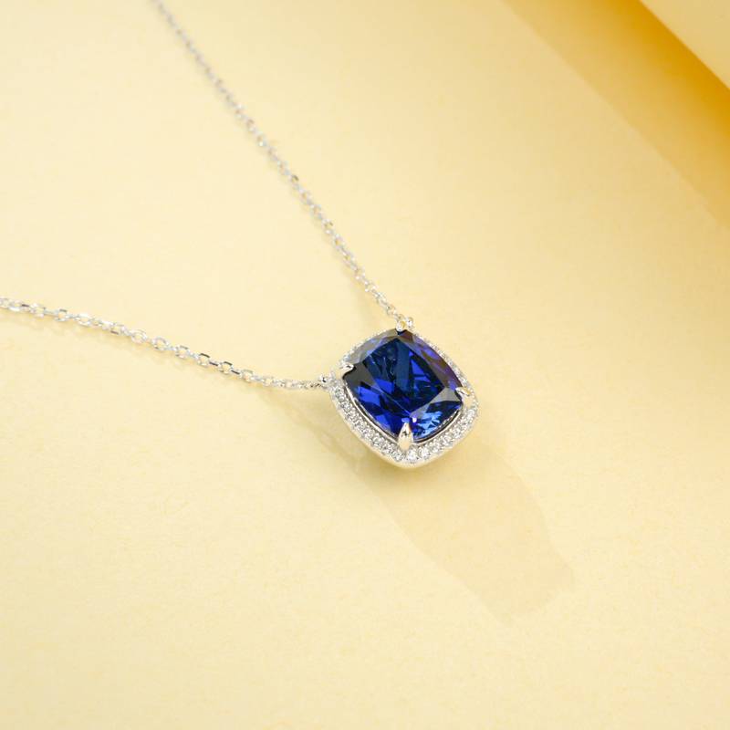 P0893款S925银镀18K白金长方枕形培育彩宝项链主石10*8mm/3.5CT
