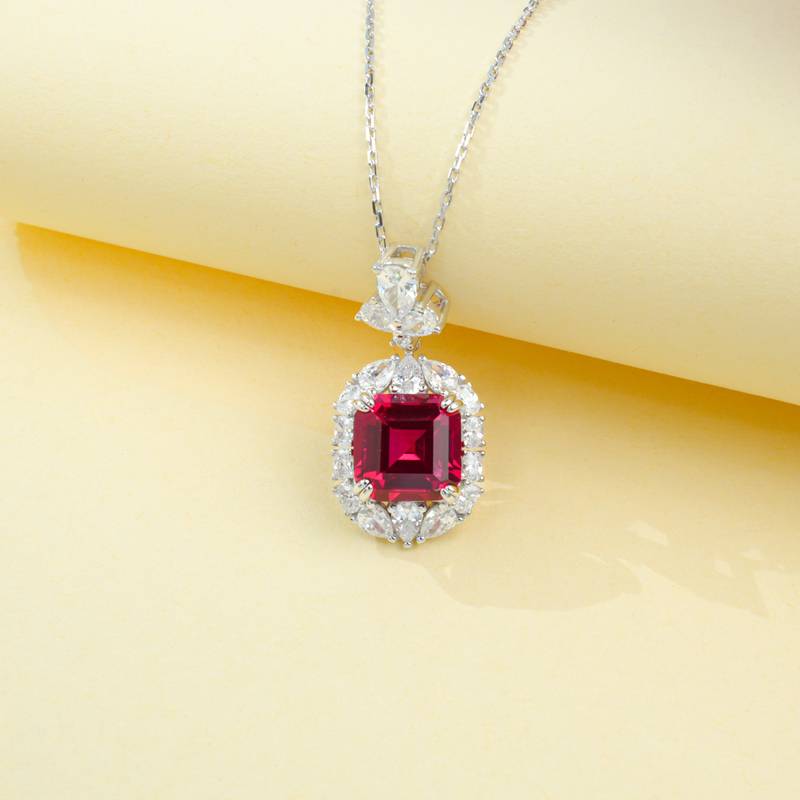 P0889款S925银镀18K白金阿斯切形培育彩宝项链主石10*10mm/6.0CT