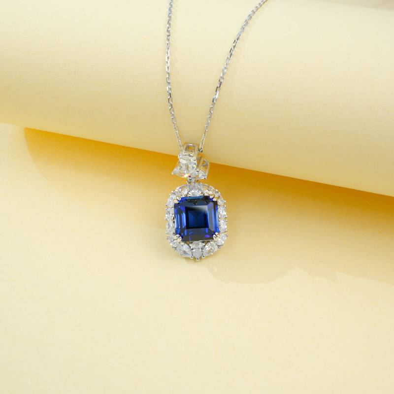 P0889款S925银镀18K白金阿斯切形培育彩宝项链主石10*10mm/6.0CT