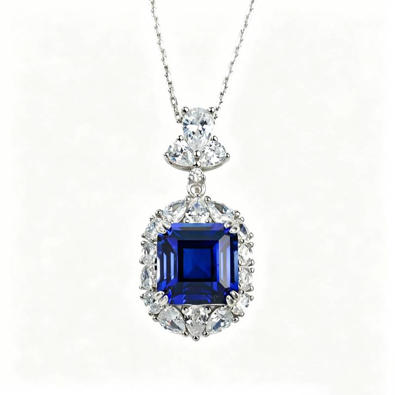 P0889款S925银镀18K白金阿斯切形培育彩宝项链主石10*10mm/6.0CT