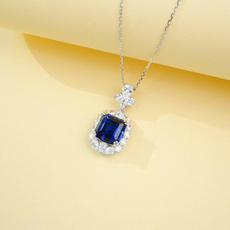 P0889款S925银镀18K白金阿斯切形培育彩宝项链主石10*10mm/6.0CT