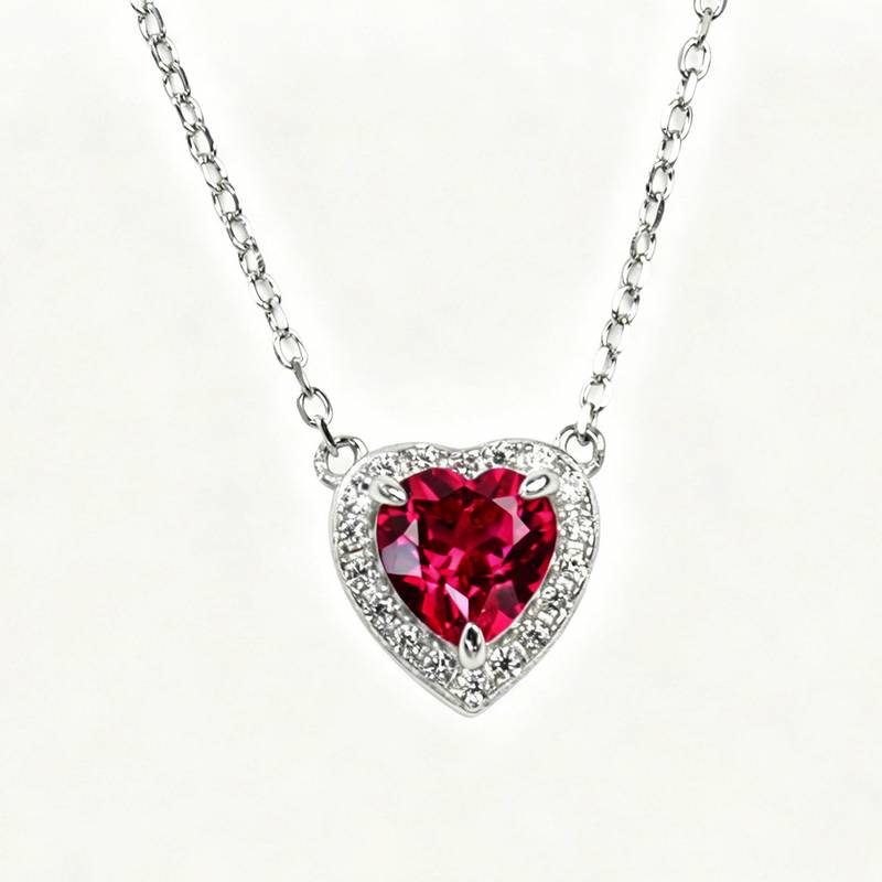 P0881款S925银镀18K白金心形培育彩宝Necklace主石6*6mmmm/1.0ct