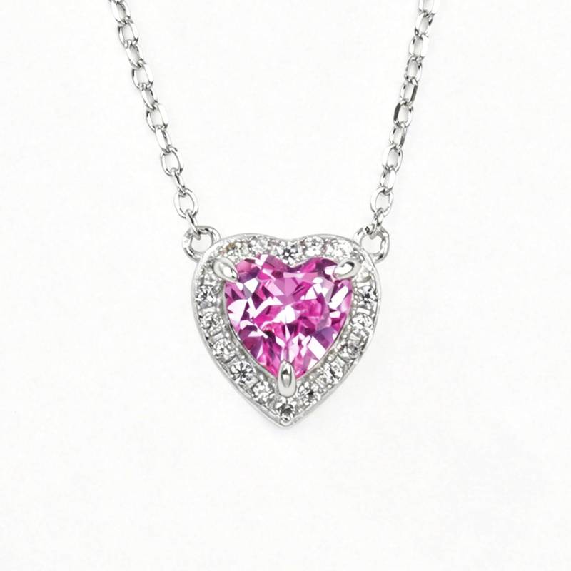 P0881款S925银镀18K白金心形培育彩宝Necklace主石6*6mmmm/1.0ct