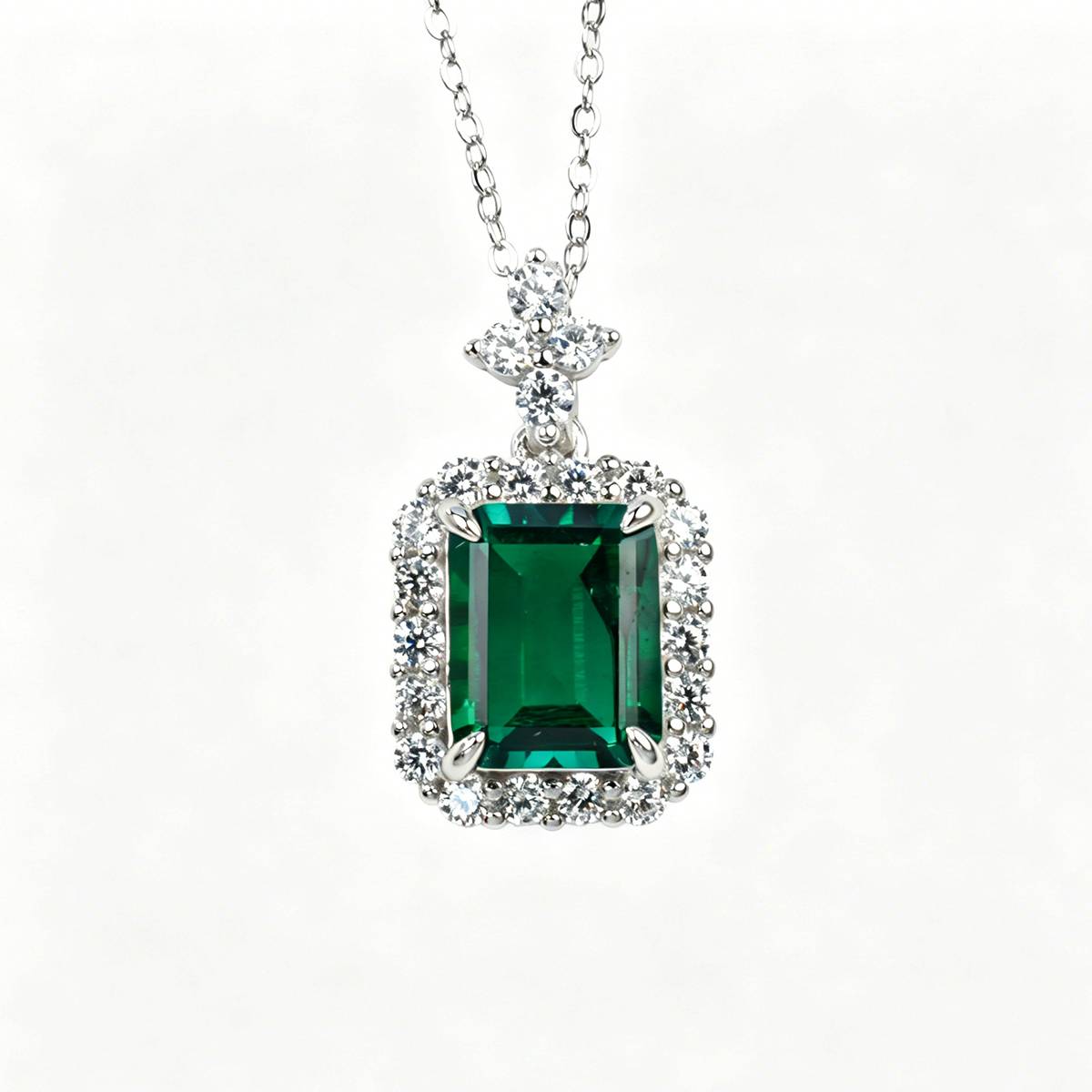 P0895款S925银镀18K白金祖母绿切割培育彩宝Necklace主石10*8mmmm/4.31ct