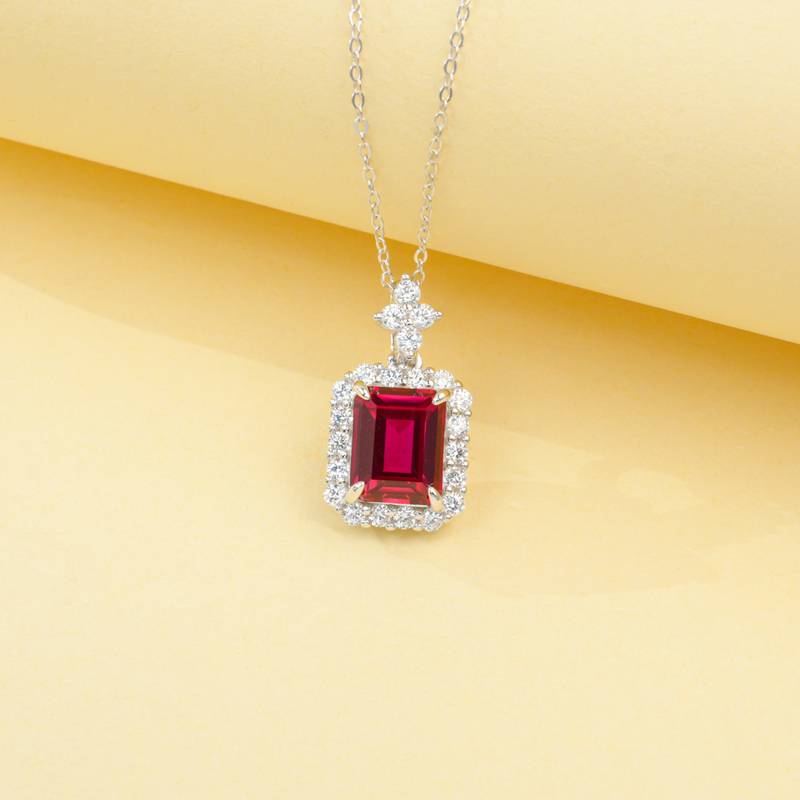 P0895款S925银镀18K白金祖母绿切割培育彩宝项链主石10*8mm/4.31ct