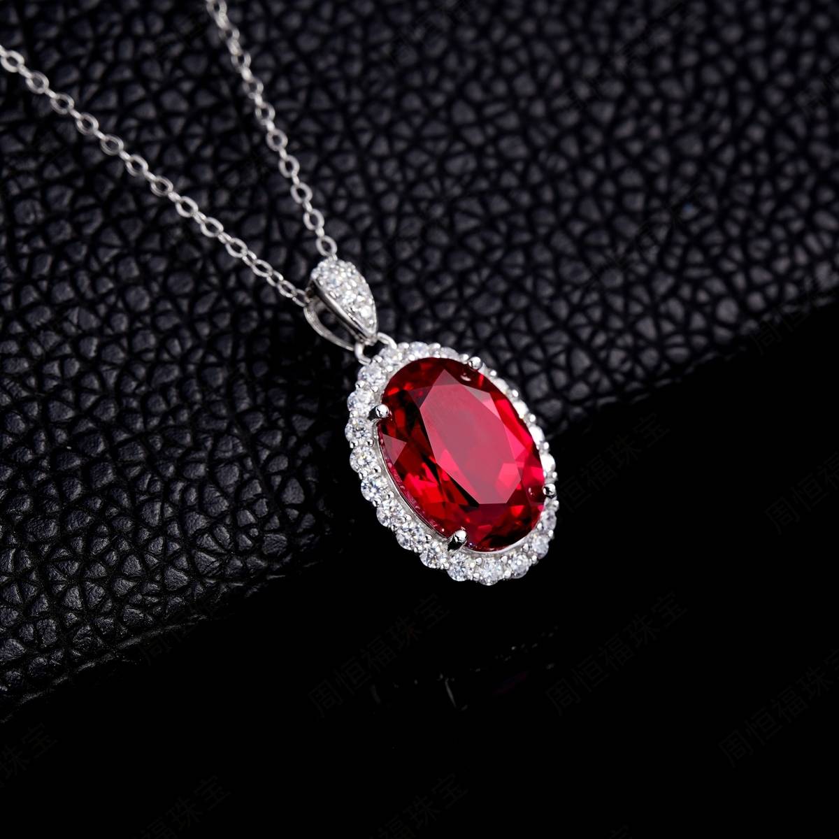 P1798款S925银镀18K白金蛋形培育彩宝Necklace主石14*10mmmm/8.0ct