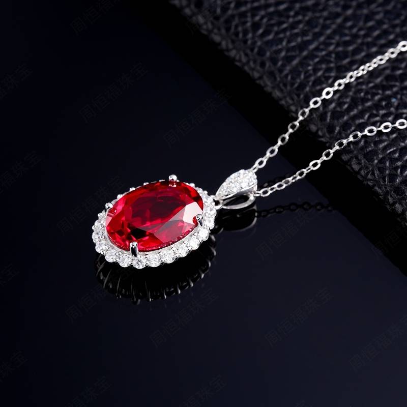 P1798款S925银镀18K白金蛋形培育彩宝Necklace主石14*10mmmm/8.0ct