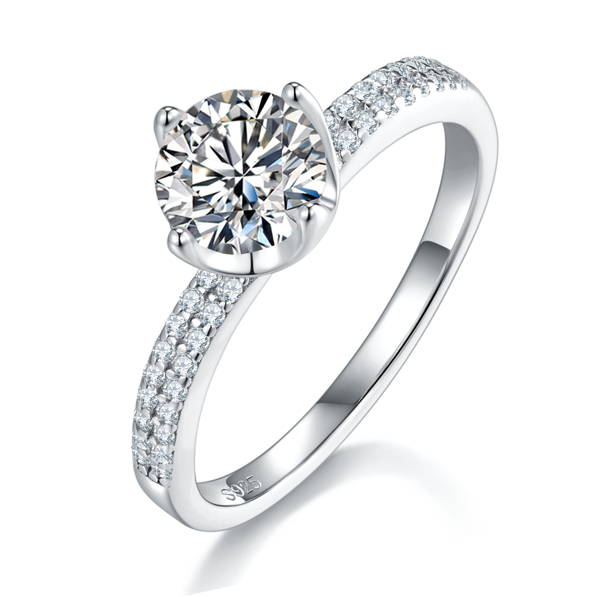 单头女戒S925银镀白金女戒定制选款主石莫桑钻1.0ct/副石高碳钻