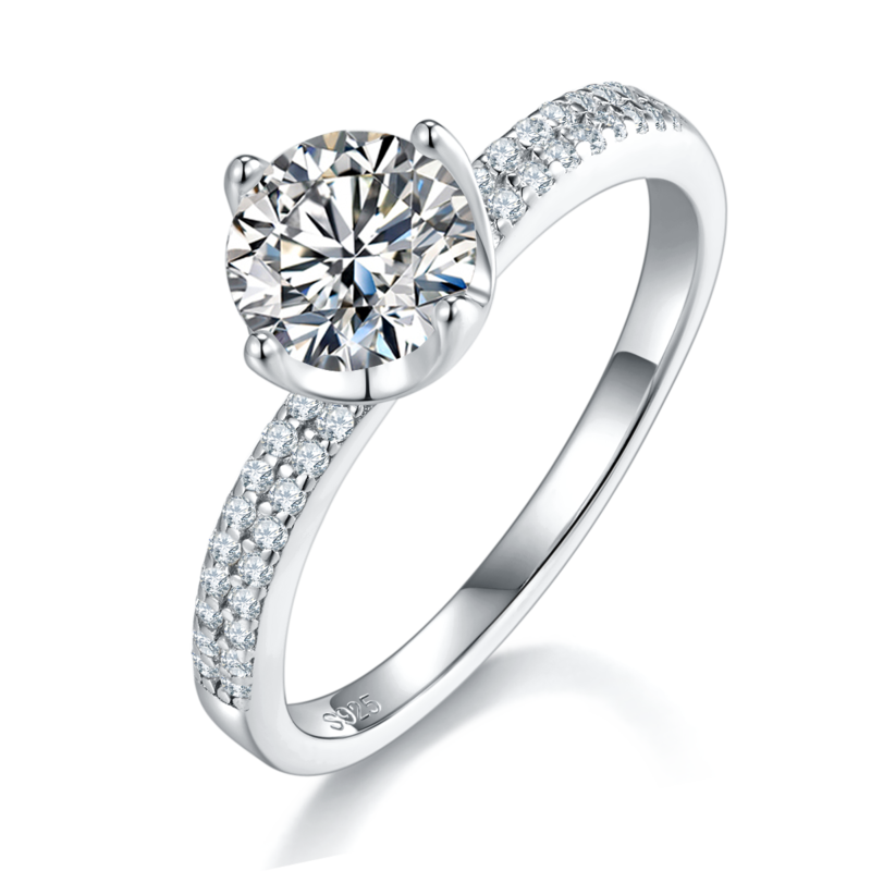 单头女戒S925银镀白金女戒定制选款主石莫桑钻1.0ct/副石高碳钻
